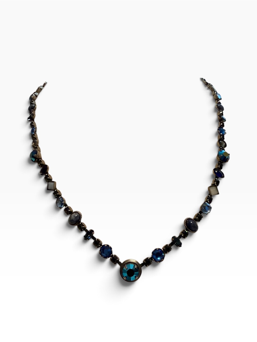 Sorrelli signed Blue Teal crystal mixed cut necklace in an antique silvertone